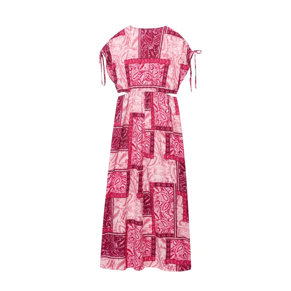 BM&MD&ZA2025bow-decorated V-neck short-sleeved hollow waist patchwork print niche dress long skirt for women Aviola