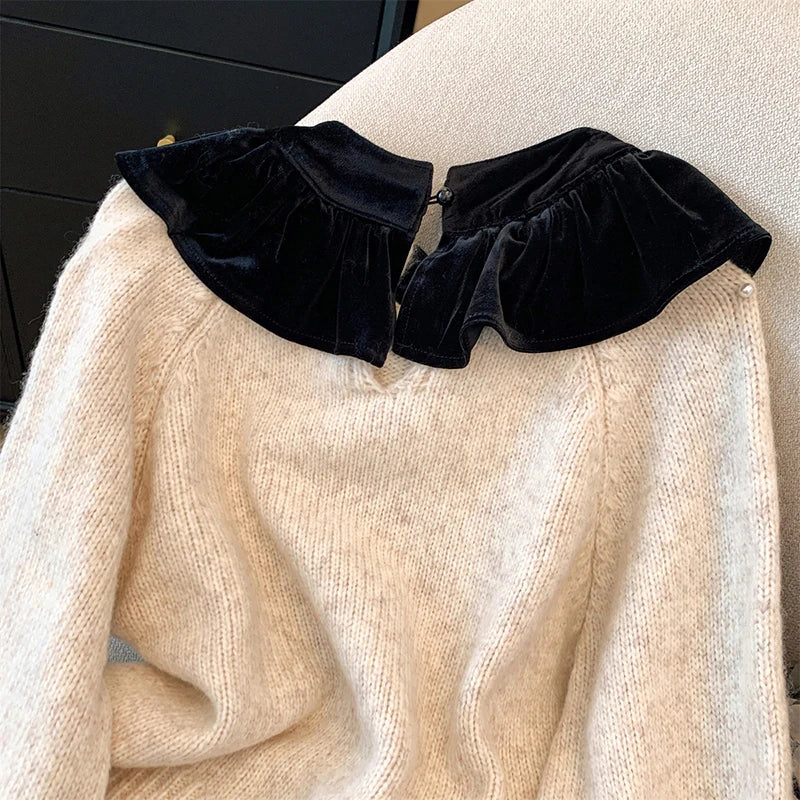 MEXZT Vintage Bow Sweater Women Streetwear Velvet Patchwork Knitted Pullovers Long Sleeve Knitwears Winter Korean Casual Jumpers Aviola