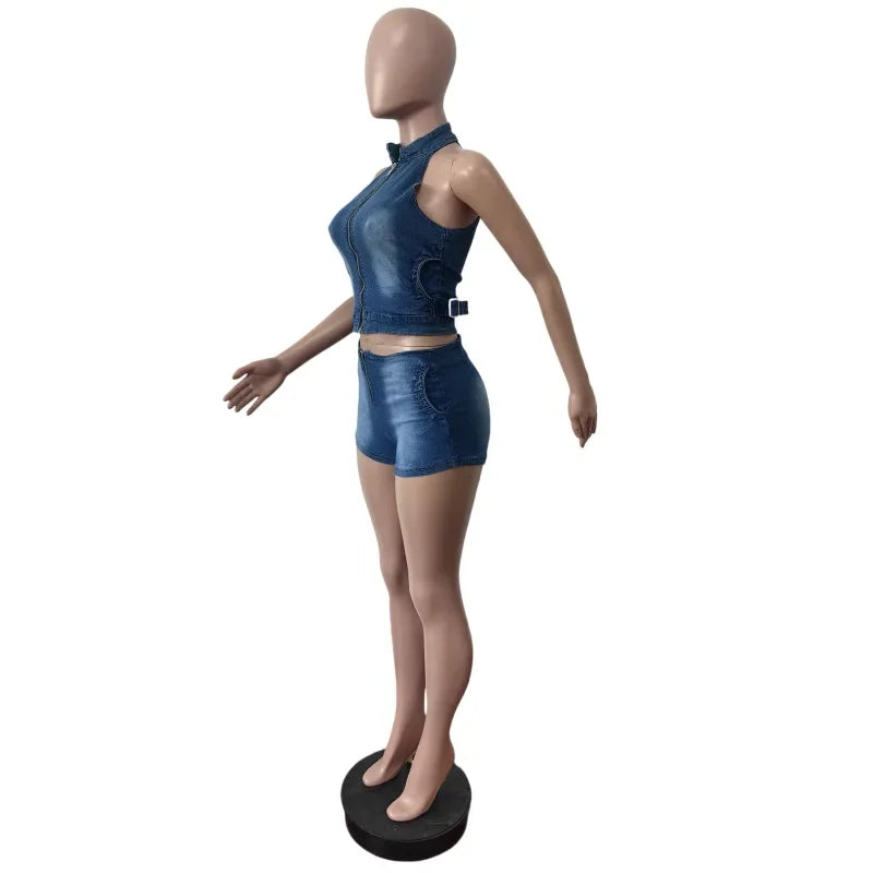 Denim Shorts Women Suit 2 Piece Sets Sexy Vest Top Sleeveless Matching Sets Zipper Fly Jeans Short Pants Outfits Streetwear 2025 Aviola