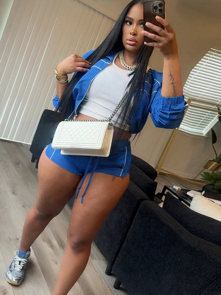 Nibber Fashion Casual Sporty 2 Piece Set Women Zipper Cardigan Polo-Neck Jacket+Drawstring Skinny Shorts Daily Slim Tracksuits Aviola