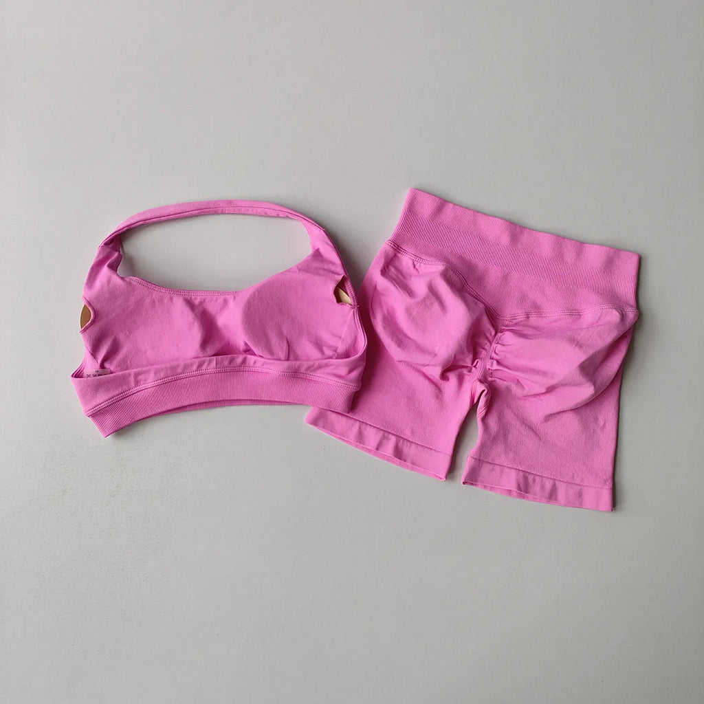 2 Pieces Yoga Suit for Women Seamless Fitness Gym Clothes Halter Sports Bra Matching Impact Shorts Workout Sets Gym Outfit Aviola