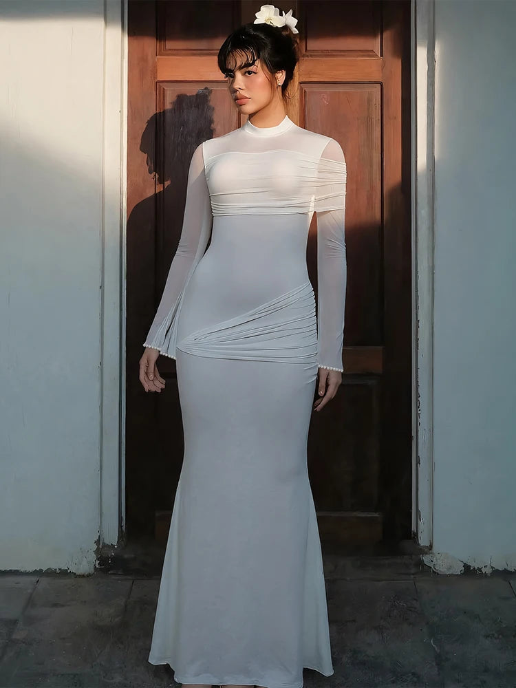 Nibber o-Neck Maxi Dress Women Mesh Long Sleeves Folds Elegant Temperament Autumn Trend Skinny Solid Banquet Simple Vestidos Aviola