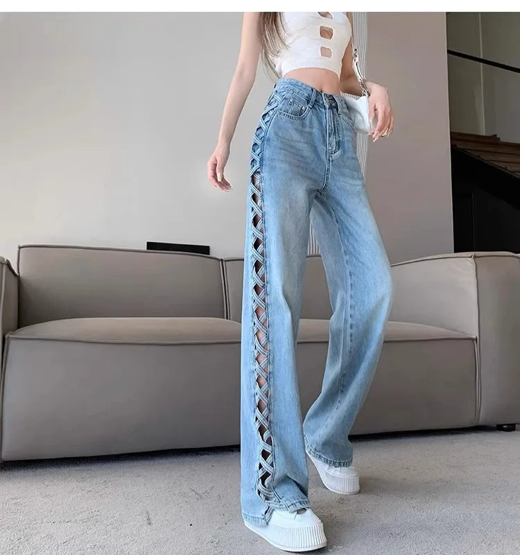 Women Casual Mom Jeans Hollow Out High Waist Trousers Button Zipper Wide Leg Pant Office Lady Loose Spring Club Y2k Streetwear Aviola