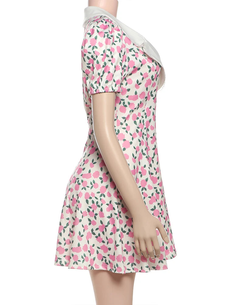 Nibber Low-Neck Dress Women Floral Print Patchwork Lace Draps Puff Sleeves Elegant Temperament Sweet Summer Trend Party Bodycon Aviola