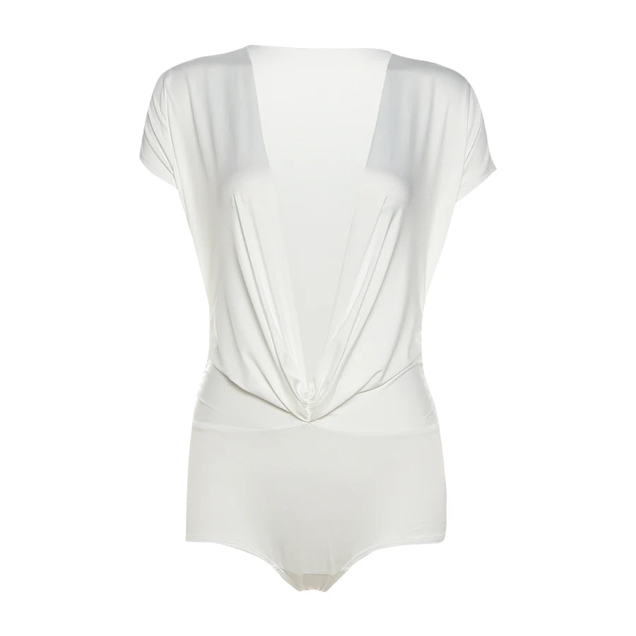 Nibber Deep v-Neck Bodysuits Women Folds Skinny High Elasticity Solid Simple Classic Sexy Midnight Summer Streetwear Outfits Aviola
