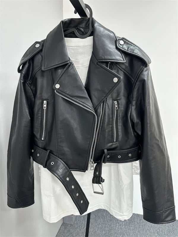Chaqueta de cuero lavado con cinturón para mujer, abrigo corto con cremallera degradada y cuello vuelto Vintage, chaqueta elegan Aviola