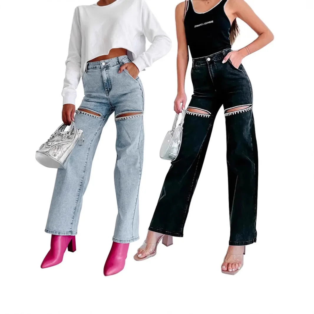 Denim Jeans for Women Streetwear Straight Pants Hole Diamonds Mid Waist Washed Distressed 2025 Casual Mom Ankle Length Trousers Aviola