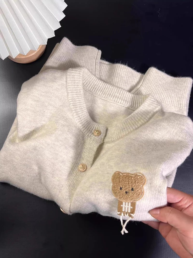 MEXZT Kawaii Knitted Cardigan Women Korean Cartoon Bear Sweater Outerwear Preppy Cute Long Sleeve Knitwear Winter Casual Jumpers Aviola