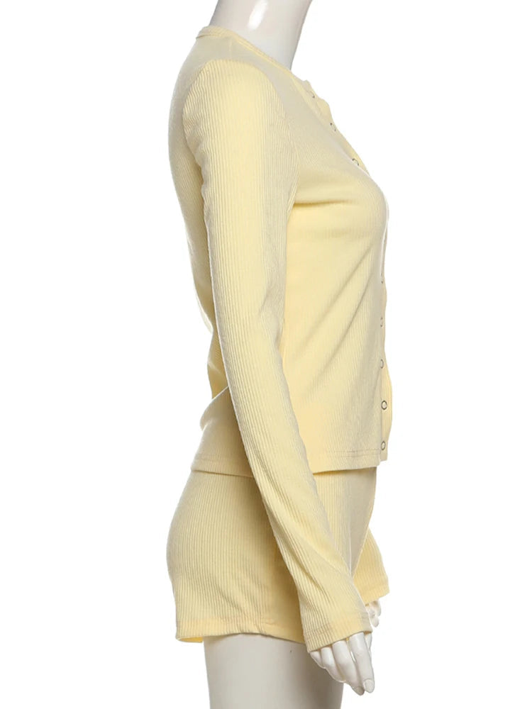 Nibber Stretch 2-Piece Set Women Single-Breasted Long Sleeves o-Neck Blouse+Basis Shorts Leisure Simple Classic Street Suits Aviola