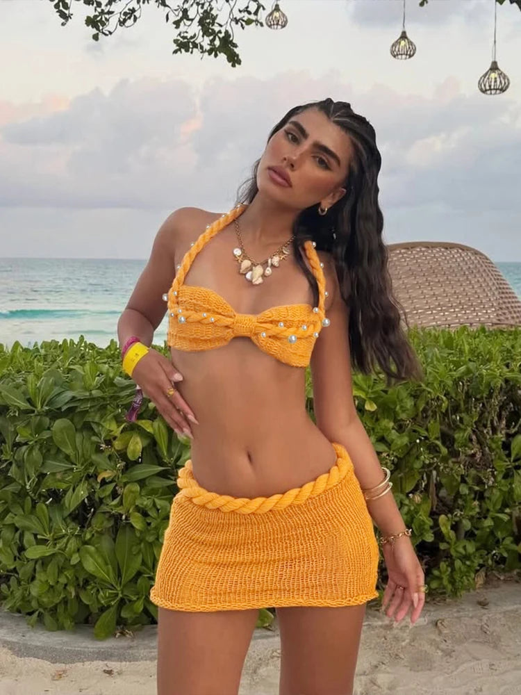 Nibber Summer Women 2 Piece Set Pearl Plait Halter Shirring Camisole+Zip Peach Hip Skirts Matching Crochet Vacation Clubwear Aviola