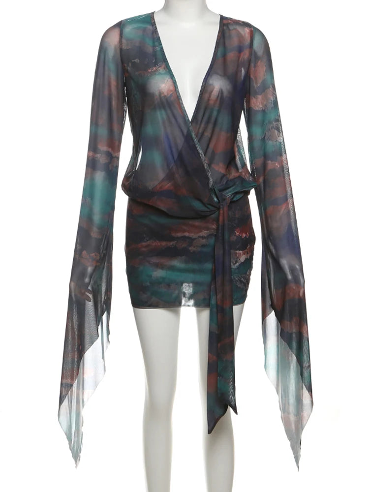 Nibber Sexy See Through Tie-Dye Dress Women Deep V-Neck Lace-Up Backless Loose Full Sleeve Summer Party Coquette Mini Bodycon Aviola