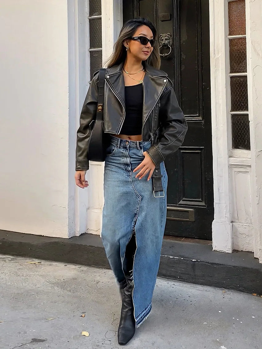 Denim Long Skirt Women Split Skirts Stretch High Waist Pockets Washed Distressed Mom Jeans 2025 Summer Streetwear Vintage A Line Aviola