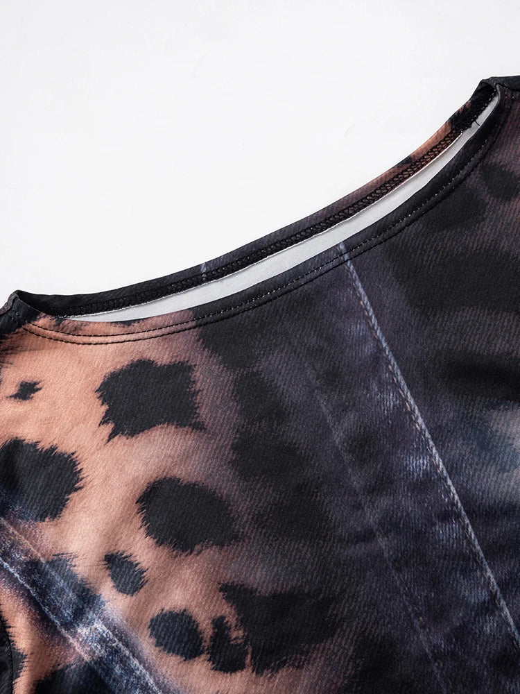 Nibber Leopard Print Women Dress Rivet Frenulum Gradient Long Sleeves Skinny Midnight American Retro Rock Style Mini Bodycon Aviola