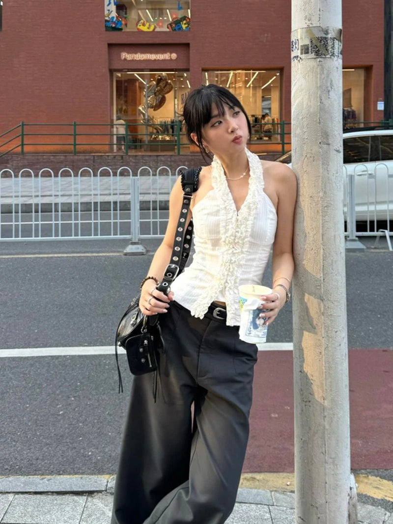 MEXZT Y2K Cropped White Shirts Women Aesthetic Sexy Halter Ruffles Blouses Summer Korean Fashion Off Shoulder Slim Design Tops Aviola