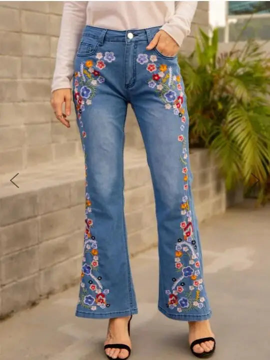 Distressed Flare Jeans Women High Waist Denim Blue Pant Vintage Embroidery Ankle Length Pants Casual Basics 2025 Pockets Loose Aviola