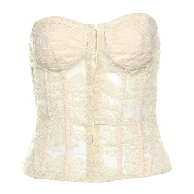 Nibber See Through Women Warp Sleeveless Lace Pattern Concealed Metal Buckle Backless Sexy Summer Trend Simple Midnight Mini Top Aviola