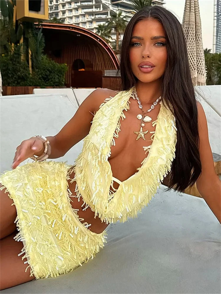 Nibber Slim Sequin Tassels 2 Piece Set Women Sexy Swing Collar Tank Tops+Peach Hip Skits Midnight Summer Birthday Party Clubwear Aviola