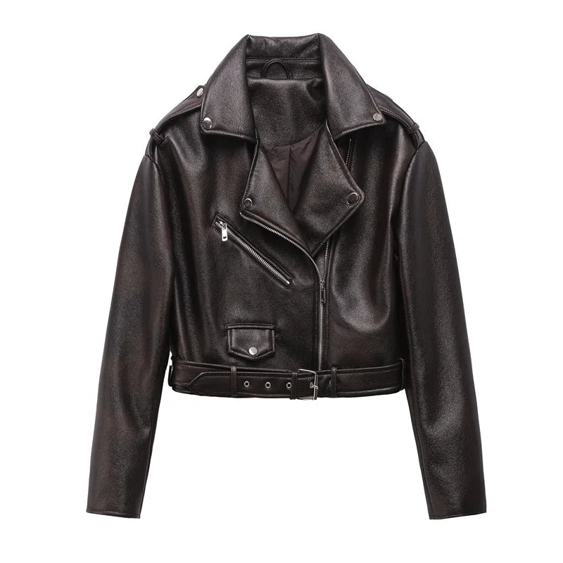 Dark brown Coal graysty le Women's washed leather jacket with belt, short coat with downgraded zipper and vintage lapel jacket Aviola
