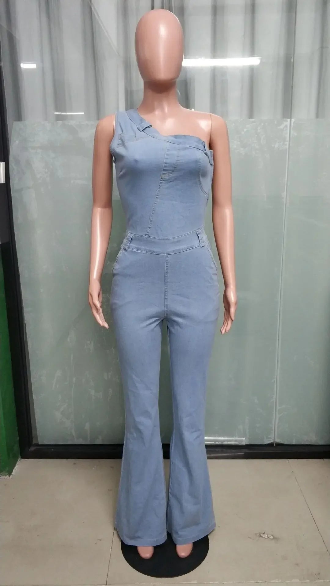 Flare Denim Pants Full Length Women Jeans One Piece Overalls Spliced Solid Jumpsuits Loose Pockets High Waist Basics Washed Aviola