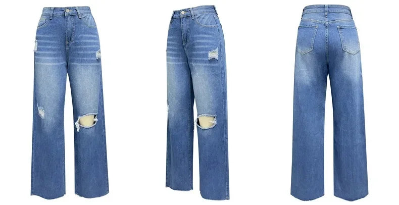 Women Jeans Ankle Length Holes Loose Flat Straight Pants Zipper Fly Pockets Solid Color High Street Slight Strech Denim Aviola