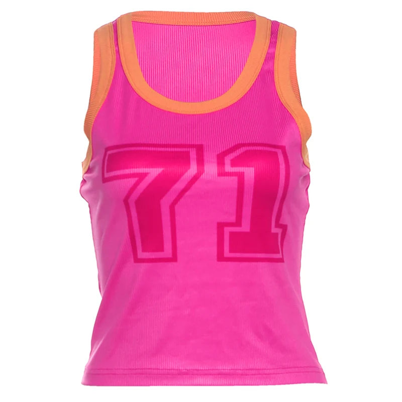 Nibber Sweet Patchwork Vests Women Digital Printing o-Neck Elasticity Skinny Street Daily Hottie Sporty Simple Classic Tops Aviola