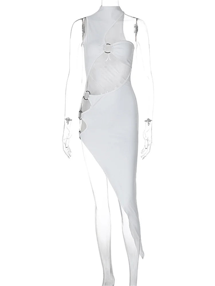 Nibber Rings Patchwork Dress Women Sexy Irregular Hollow Sleeveless Midnight Hottie Club Party Hipster Solid Slits Long Bodycon Aviola