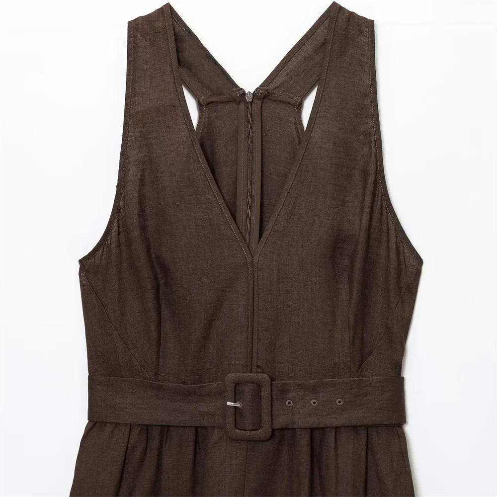 BM&MD&ZA2025Fashion V-neck Wide Shoulder Straps with Belt Design Sleeveless A-line Vest Dress Summer New Arrival Women's Dress Aviola