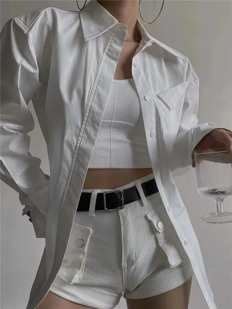 MEXZT Elegant White Shirts Women Fashion Streetwear Long Sleeve Blouses Korean Simple Pocket Button Up Ladies Design Tunic Tops Aviola