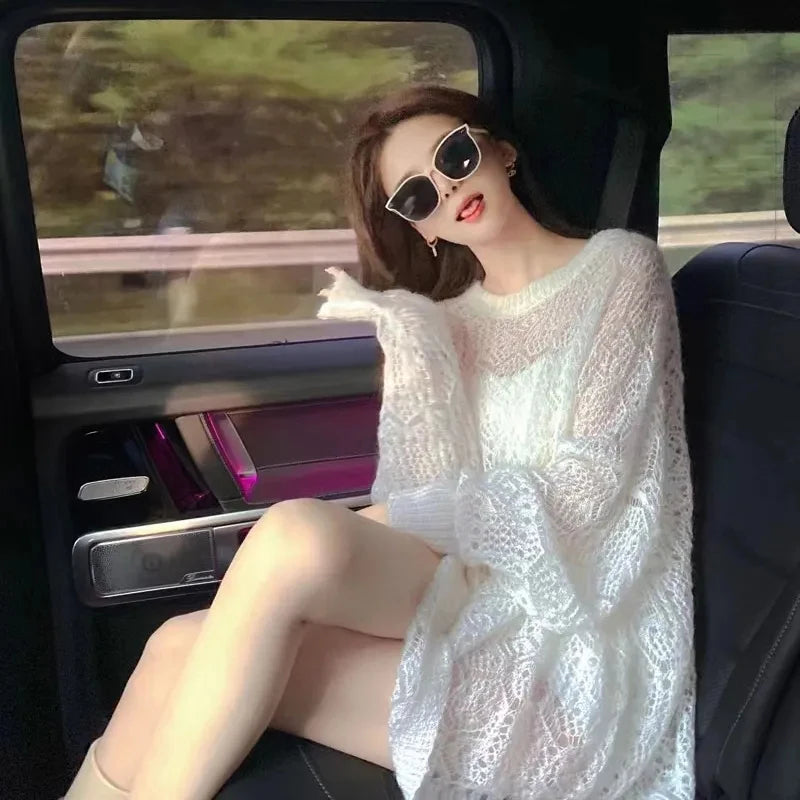MEXZT Y2K Hollow Out Pullover Sweater Women Sweet Sexy See Through Thin Loose Jumper Korean Oversized Sun Protection Shirt Tops Aviola