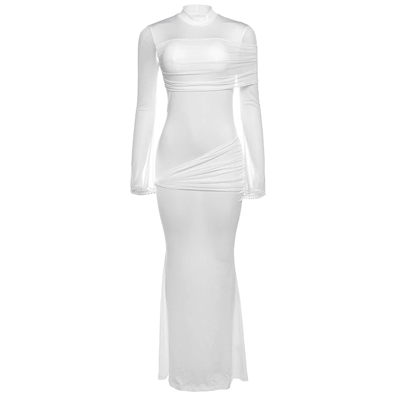 Nibber o-Neck Maxi Dress Women Mesh Long Sleeves Folds Elegant Temperament Autumn Trend Skinny Solid Banquet Simple Vestidos Aviola