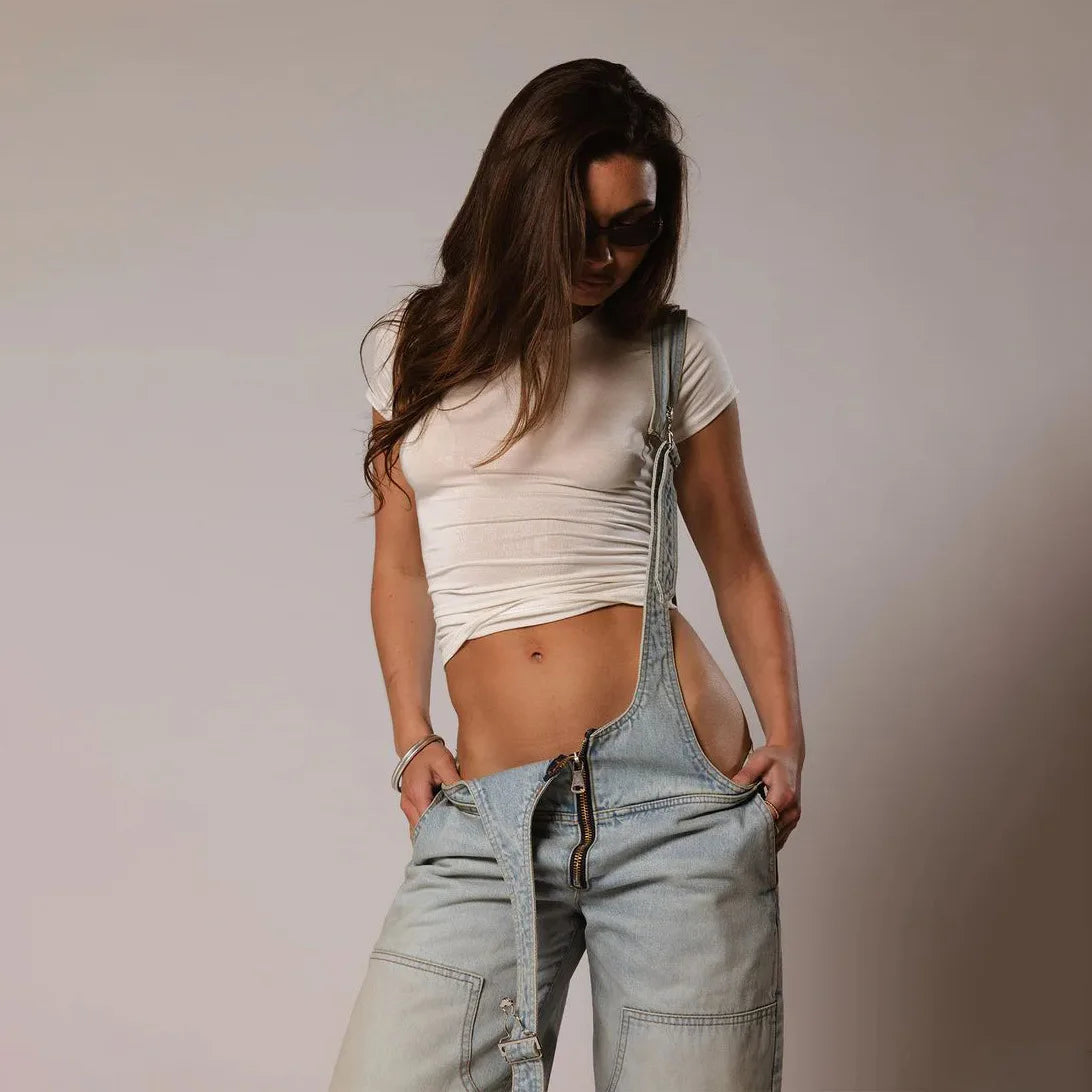 Jumpsuits Women Jeans Overalls Sexy Backless Vintage Full Length Denim Straight Pants Loose Pockets Distressed Washed Casual Aviola