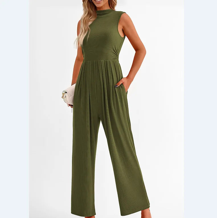 Women Jumpsuits One Piece O Neck Sleeveless Rompers Overalls Solid Wide Leg Pants Pockets High Waist Ankle Length Basics 2025 Aviola