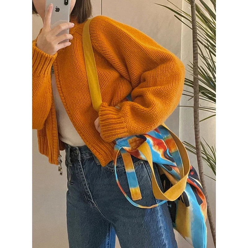 MEXZT Solid Knitted Cardigan Women Sweet Zipper Cropped Sweaters Korean Vintage Casual Knitwear Coat Loose Short Jumpers Jackets Aviola
