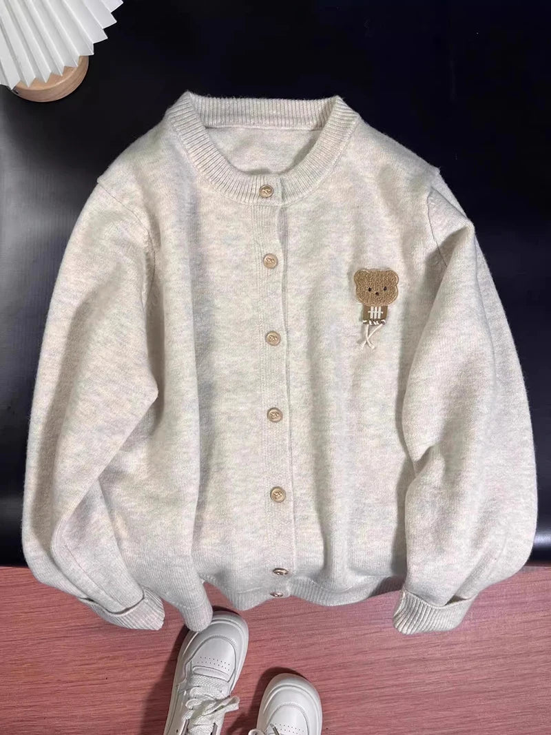 MEXZT Kawaii Knitted Cardigan Women Korean Cartoon Bear Sweater Outerwear Preppy Cute Long Sleeve Knitwear Winter Casual Jumpers Aviola