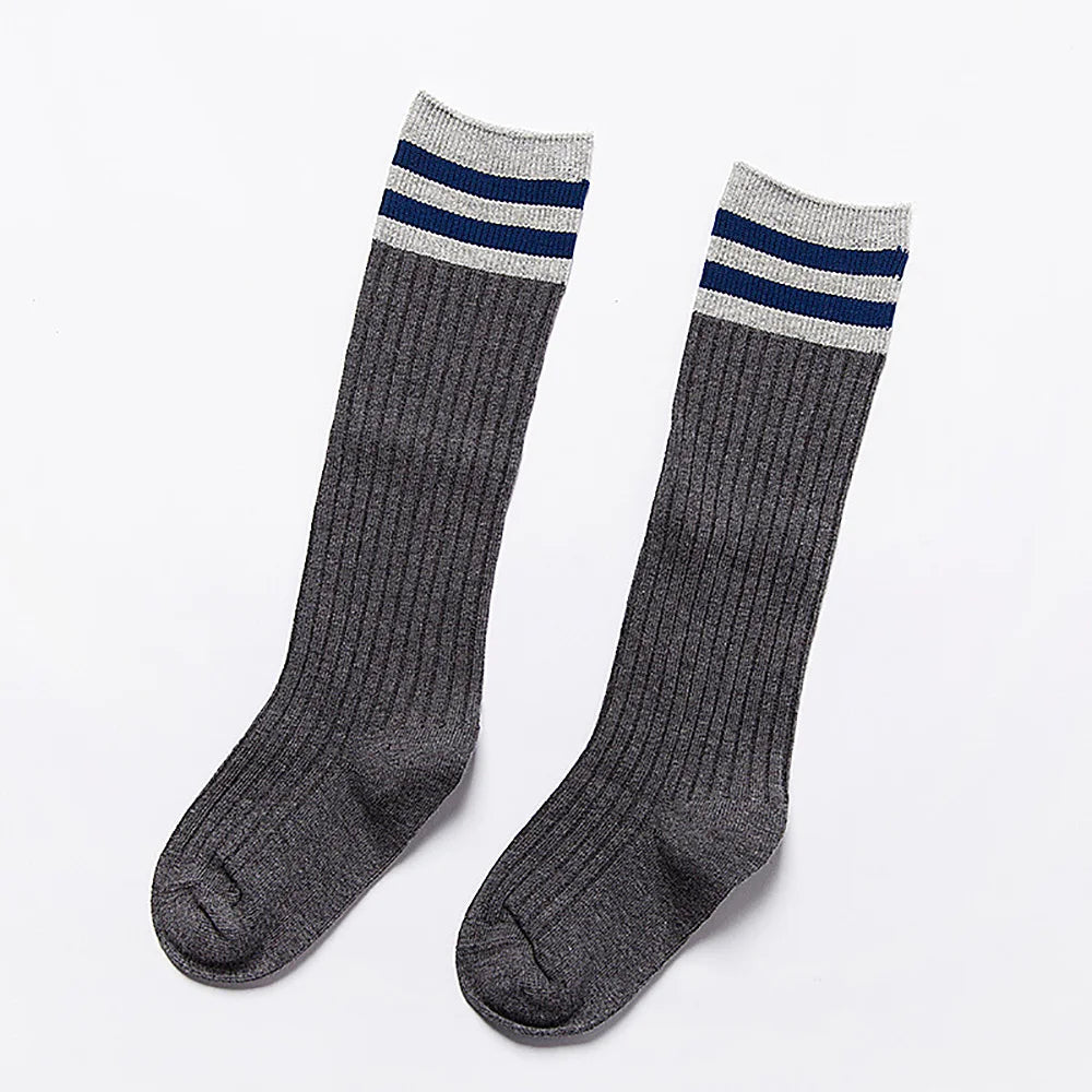 6 Pairs Students Stockings Stripe Pattern Children Sports Socks Solid Color Breathable Knee Stockings for 7-9 Years Old Aviola