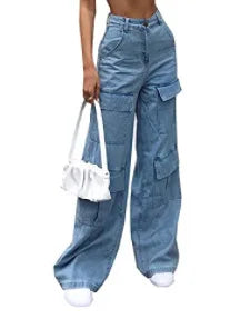 Women Jeans Wide Leg Pants Cargo Denim Ankle Length Mid Waist Washing Zipper Loose Slight Strech High Street Solid Pockets Aviola