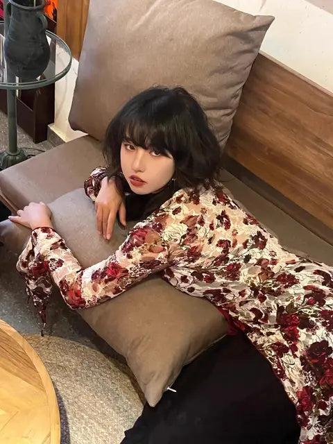 MEXZT Vintage Floral Shirts Women Y2K Aesthetic Lace Bandage Blouses Summer Harajuku V Neck Print Flare Long Sleeve Slim Tops Aviola