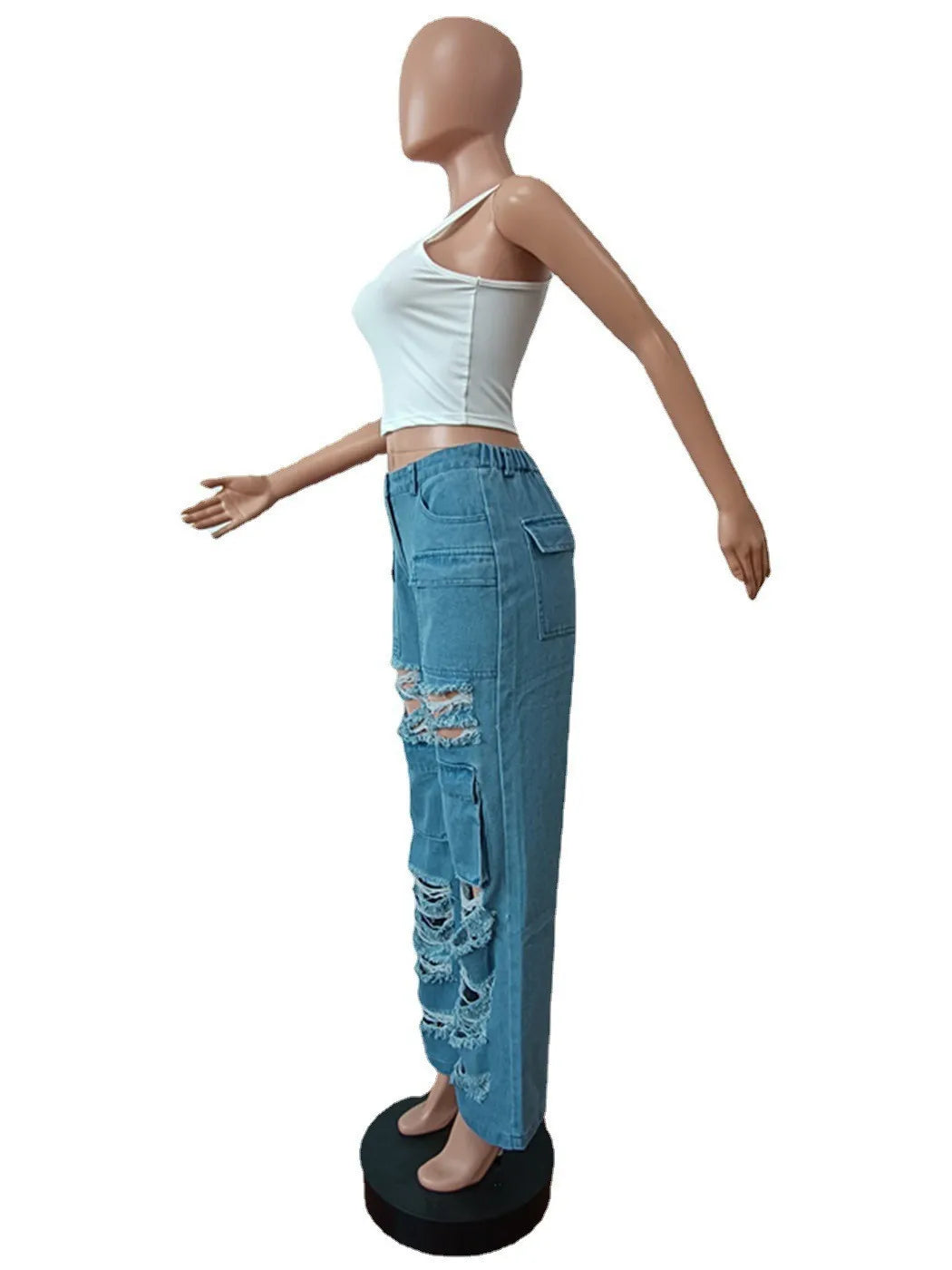 Women Jeans Denim Patchwork Straight Pants Holes Distressed Pockets Washing High Street Low Waist Zipper Fly Flat Winter Aviola