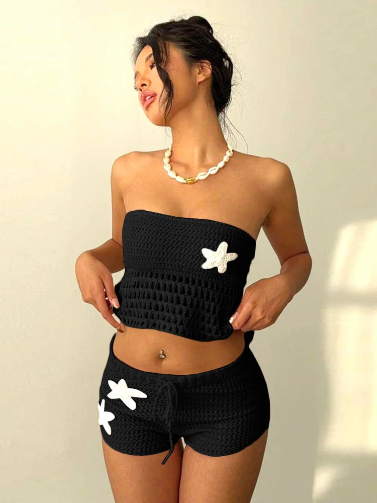 Nibber Summer Crochet Women 2 Piece Set Sexy Applique Hollow Beach Back Bandage Strapless Tops+Shorts Midnight Vacation Clubwear Aviola