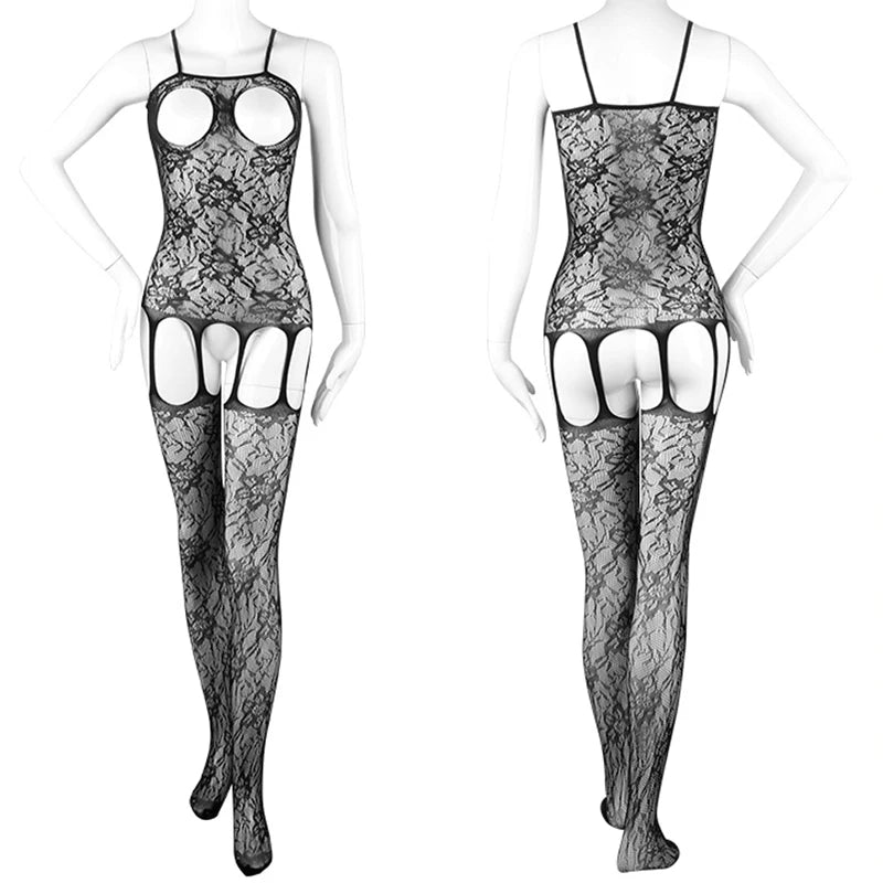 Plus Size Crotchless Erotic Lingerie Women Fishnet Hollow Bodystocking Sexy Open Bra Pantyhose Sling Backless Mesh Long Tights Aviola