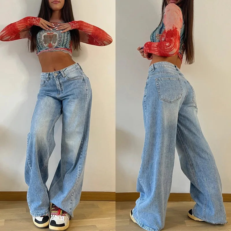 Women Jeans Denim Wide Leg Pants High Waist Washing Loose Fit Pockets Zipper Fly Flat Streewear Spring 2024 Slight Strech Aviola