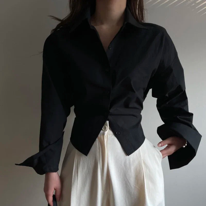 MEXZT Korean Long Sleeve Shirt Women Sexy Strap Backless Chic Blouse Office Lady Slim Lace Up Turn Down Collar Casual Top Aviola
