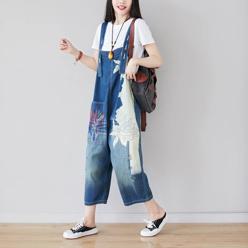 Ankle Length Denim Overalls Women Jeans Spliced Wide Leg Pants Streetwear Washed Jean Loose Fit Pockets 2024 Print Summer Aviola