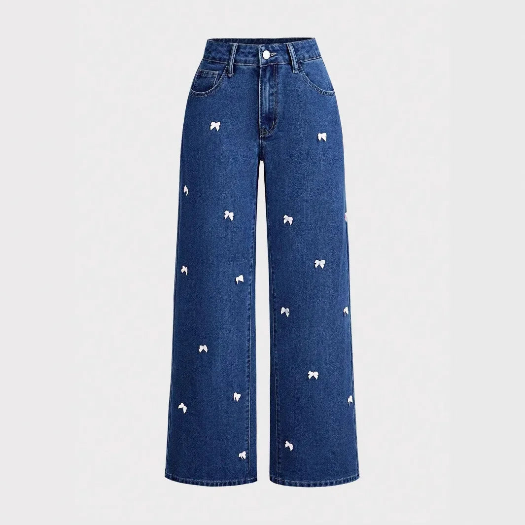 Denim Wide Leg Pants Women Mom Jeans Streetwear High Waist Bow Washed Distressed Straight Trousers Y2k Vintage Floor Length Aviola