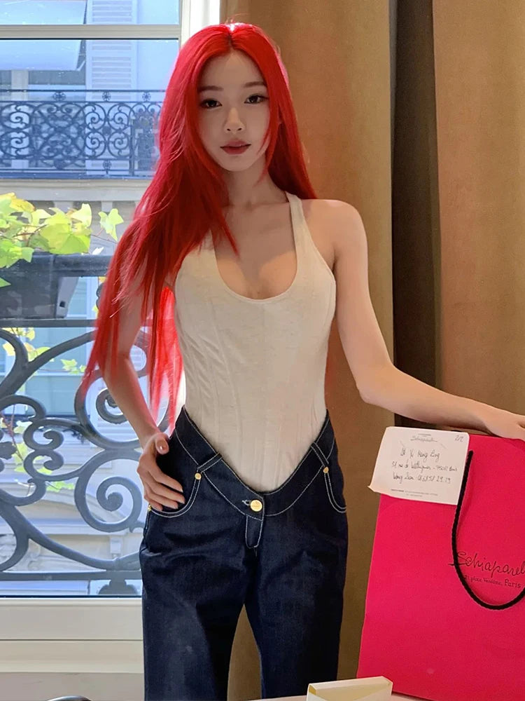 Nibber Halter Vest Women Halter Low-Neck Fake Fishbone Decoration Solid Skinny High Elasticity Simple Classic Daily Street Tops Aviola