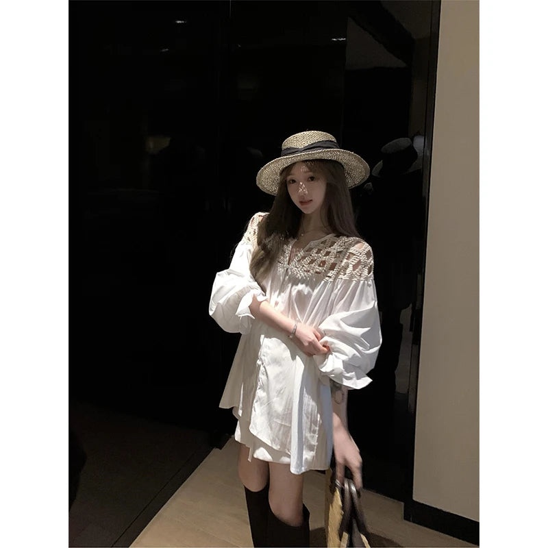 MEXZT Vintage White Shirts Women Streetwear Hollow Out Oversized Blouses Summer Ladies Korean Lantern Long Sleeve Casual Tops Aviola