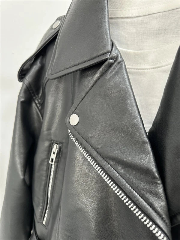 Chaqueta de cuero lavado con cinturón para mujer, abrigo corto con cremallera degradada y cuello vuelto Vintage, chaqueta elegan Aviola
