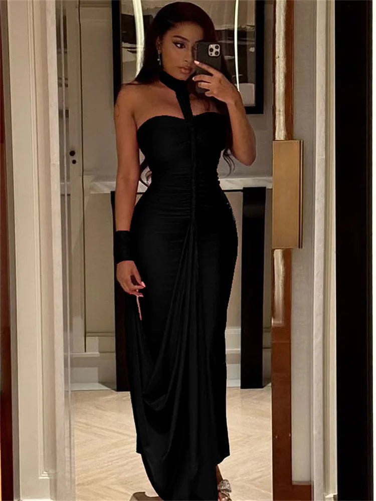 Nibber Elegant Halter Maxi Dress Women Backless Skinny Solid Hand Strap Hem Summer Trend Sexy Vacation Birthday Party Vestidos Aviola