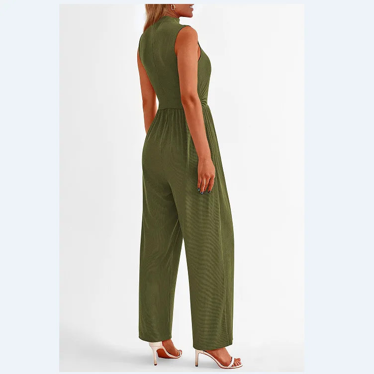Women Jumpsuits One Piece O Neck Sleeveless Rompers Overalls Solid Wide Leg Pants Pockets High Waist Ankle Length Basics 2025 Aviola