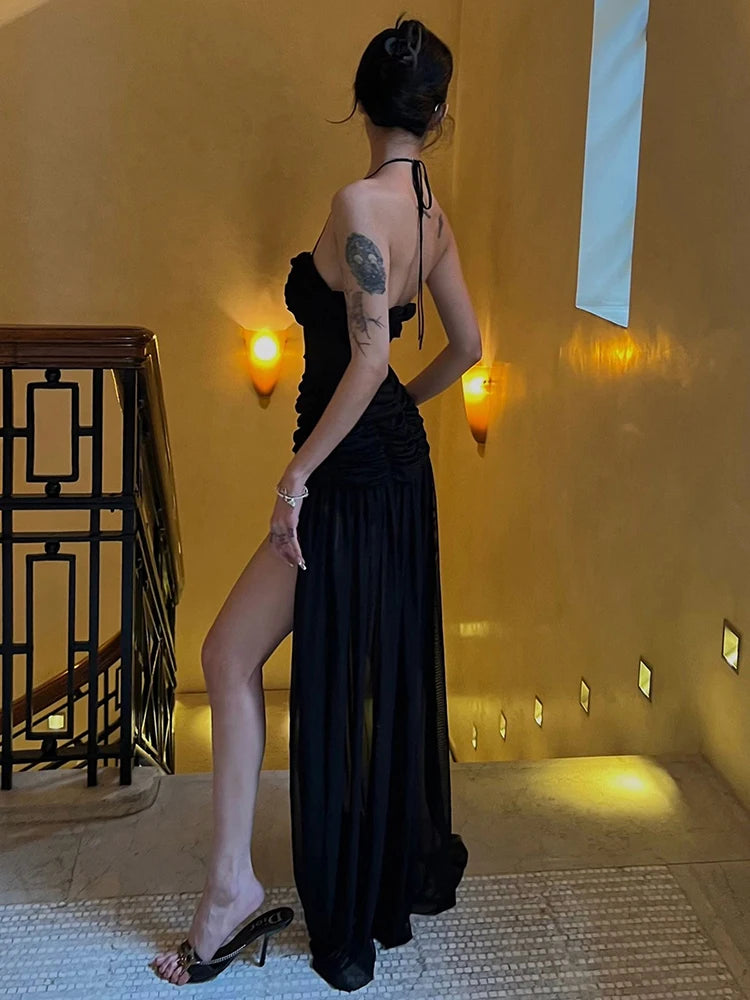 Nibber Patchwork Mesh Maxi Dress Women High Slits Folds Halter Bandage Backless Sleeveless Elegant Temperament Banquet Vestidos Aviola
